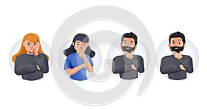 Set of different thoughtful people 3D vector illustration. Collection of various man and woman thinking or decision