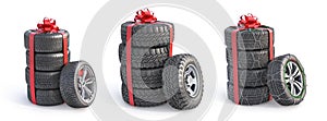 Set of different tires in the gift labels on a white background