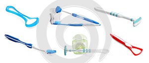 Set with different tongue scrapers, dental floss and toothbrushes on white background. Banner design