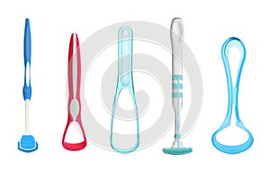 Set with different tongue scrapers on white background. Dental care