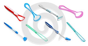 Set with different tongue scrapers on white background. Dental care