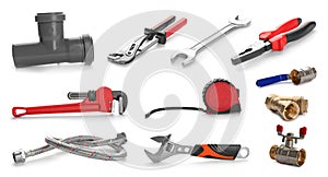 Set of different tools and fittings on white background.