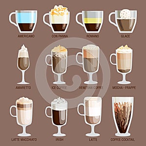 Set of different transparent cups of coffee types mug with foam beverage and breakfast morning sign tasty aromatic glass photo