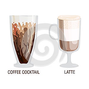 Set of different transparent cups of coffee types mug with foam beverage and breakfast morning sign tasty aromatic glass