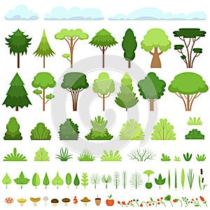 Set of different trees, bushes, grasses, leaves, mushrooms, apples, berries and clouds. Vector illustration.