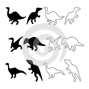 Set of different type of black cute Dinosaurs vector illustration silhouette