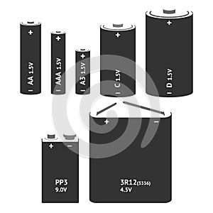 Set with different types of batteries. Vector