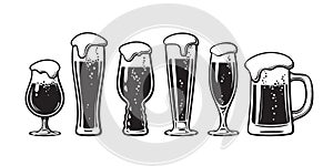 Set of different types of beer glasses. Hand drawn vector illustration on white background.