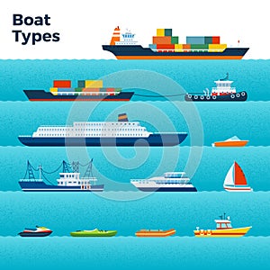 Set of different types of boats on blue waves vector illustration in a flat design.