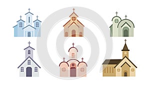 Set of different types of catholic churchs white background. Vector cathedral or monastery in flat style