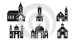 Set of different types of catholic churchs white background. Vector cathedral or monastery in flat style