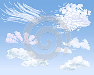 Set of different types of clouds on daytime sky, illustration photo