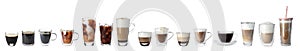 Set with different types of coffee drinks