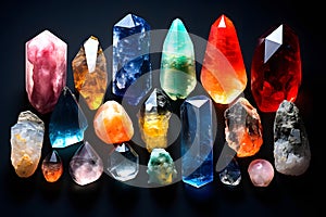 set of different types of colored precious faceted crystals and stones. geology and minerals. top view
