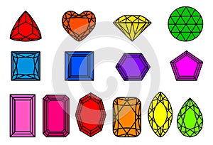 Set of different types of cut diamonds of different colors