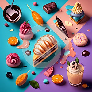 Set of different types of desserts on a colored background. 3d illustration