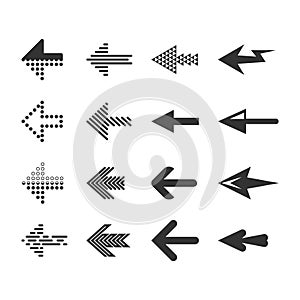 A set of different types of directional arrows. Arrows from sticks, dots and solid lines