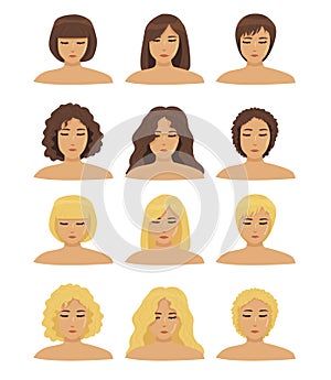 A set of different types of hair curly, straight, different hair lengths and different hair colors for girls.