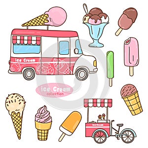 Set of different types of ice cream. Doodle style.