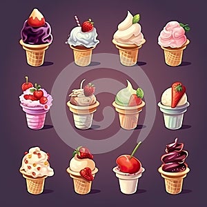 Set of different types of ice cream,Ice Cream cone,AI generated