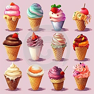 Set of different types of ice cream,Ice Cream cone,AI generated