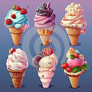 Set of different types of ice cream,Ice Cream cone,AI generated