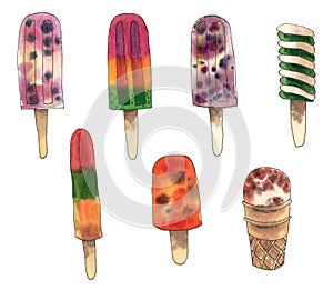 Set of different types of ice cream. Tasty summer dessert Isolated on a white background.