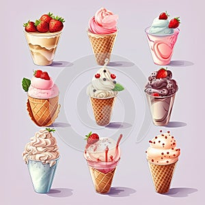 Set of different types of ice cream,Vanilla ice cream in waffle cone,AI generated