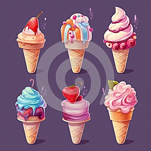 Set of different types of ice cream,Vanilla ice cream in waffle cone,AI generated