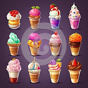 Set of different types of ice cream,Vanilla ice cream in waffle cone,AI generated