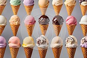 A set of different types of Ice cream in waffle cones