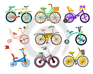 Set Of Different Types Of Kids Bicycles, Colorful Bicycles With Different Types Of Frame Illustrations
