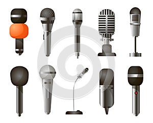 Set of different types of microphones in realistic style isolated on a white background