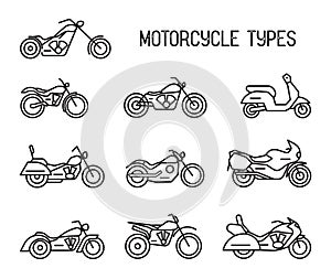Set of different types of mototechnics. Motorcycles and mopeds, lineart icons. Collection black and white vector