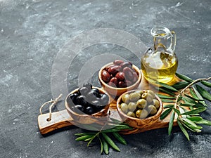 Set of different types olives and olive oil