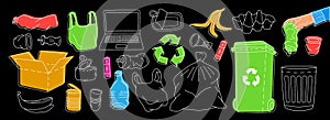 Set of different types outline garbage symbol. Plastic, glass, metal, paper, organic waste illustration. Unsorted