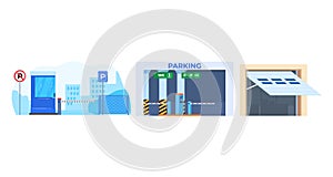 Set different types parking, underground garage for car, within city, design cartoon style vector illustration, isolated