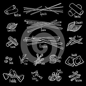 A set of different types of pasta in black and white hand-drawing lines