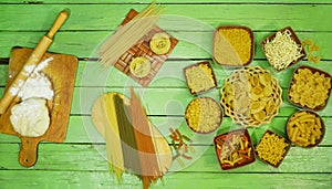 Set of different types of pasta and noodles. Top View.