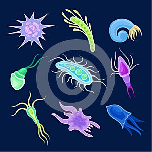 Set of different types of plankton. Vector illustration on black background. photo