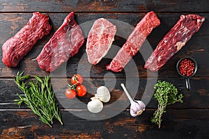 A set of different types of raw beef steaks alternative cut flap flank Steak, machete steak or skirt cut, Top blade or flat iron