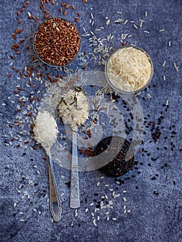 Set of different types rice on grey background: white glutinous, black, basmati, brown and mixed rice. Healthy concept. Top view.