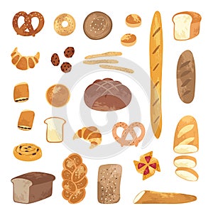 Set of different types, shapes and sizes of breads and homemade baked products: croissant, loaf, bun, baguette, toast, pretzel. Ba