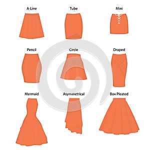 Set of different types of skirts.