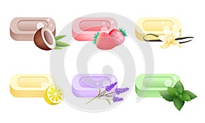 Set of different types of solid soap with coconut, strawberry, vanilla, lemon, lavender, mint. Vector illustration in