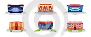 Set of different types of stadiums white background. Vector soccer stadium for world cup in cartoon style