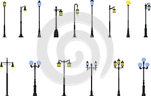 Set of different types of street lamps isolated on white background in flat style. Vector illustration.
