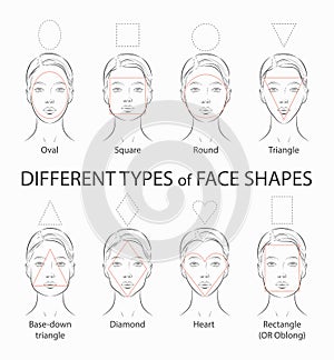 Set of different types woman face. Oval, square, round, triangle shapes.