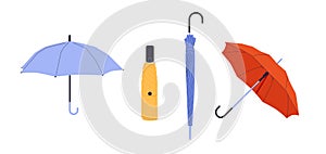 Set of different Umbrellas in various positions. Open and folded umbrellas. Muted pastel colors. Hand drawn colored