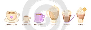 Set of different vector illustrations of coffee. Beautiful mugs with different types of coffee.